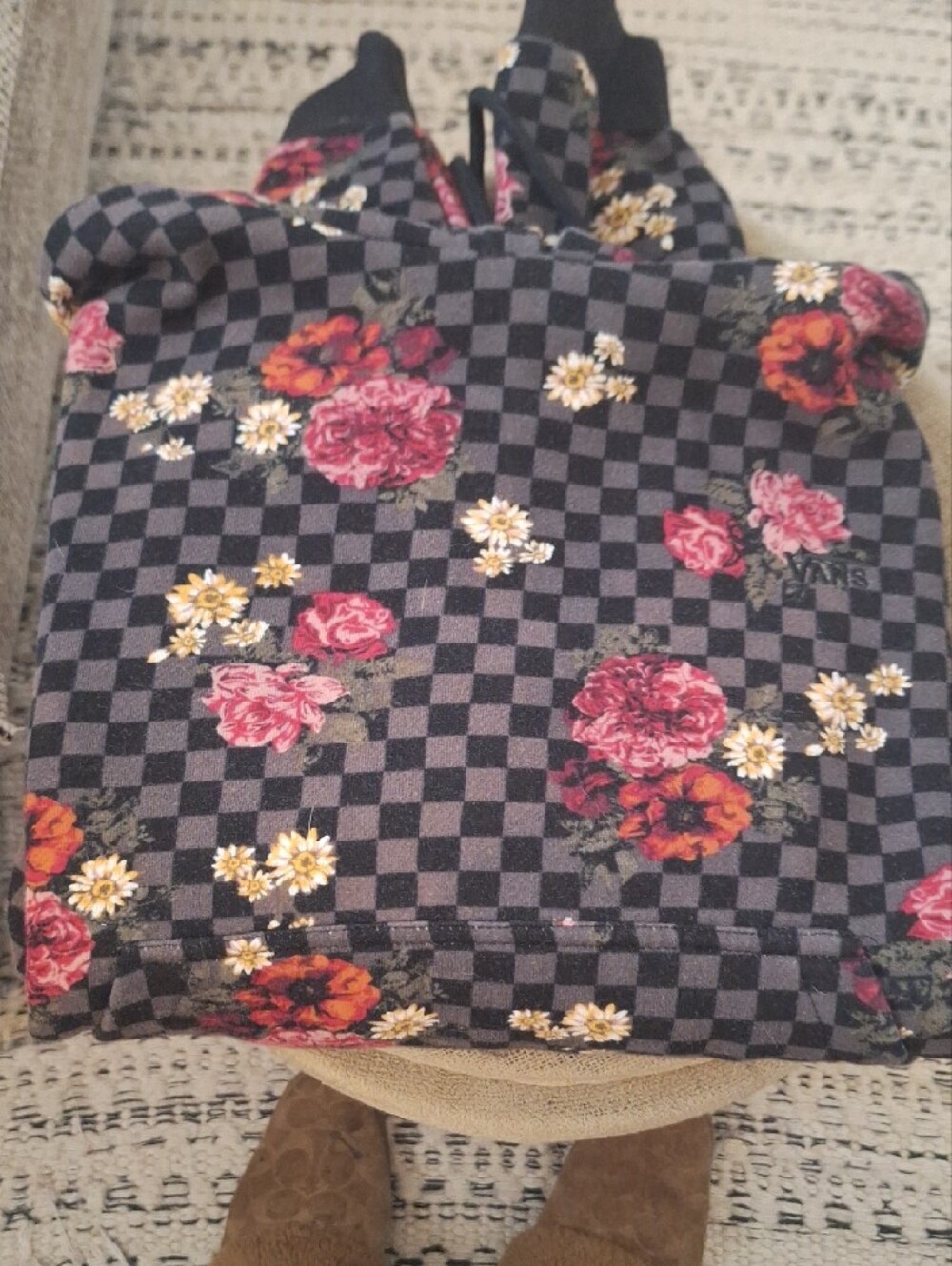 Vans Black Checkerboard Hoodie with Burgundy & Gold Floral Accents - Picture 4 of 4